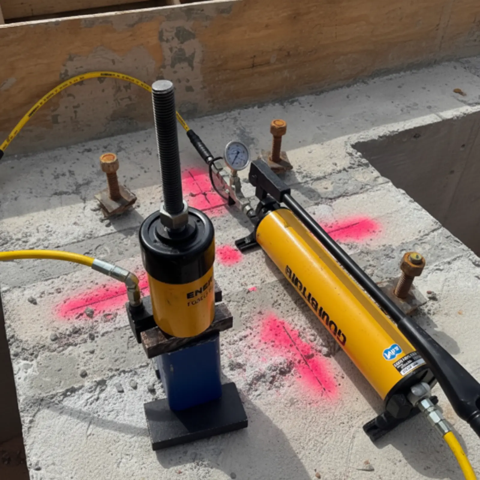 Enerpac hydraulic pump and cylinder set up for anchor bolt pull test on concrete slab with pink-marked anchor bolts